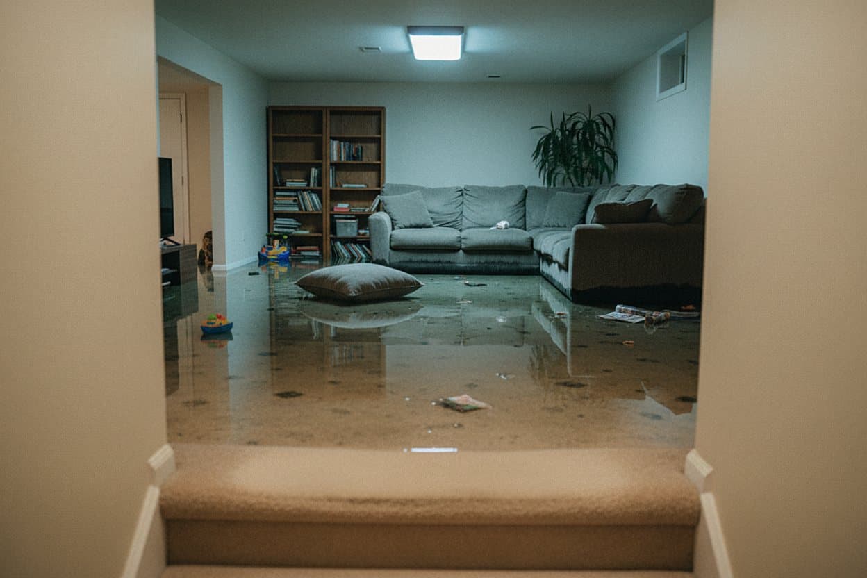 Basement flooded with standing water against brick wall